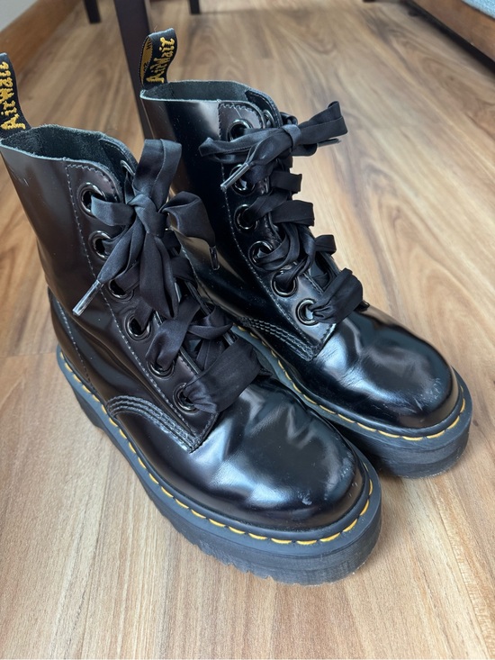 Dr. Martens Shoes - Dr. Martens Molly Black Platform Lace-Up Combat Boots with Yellow Stitching